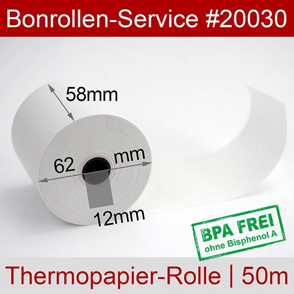 Detailansicht mit Rollenmaßen - Thermorollen / Kassenrollen 58/50m/12 | weiß | BPA-frei für Bizerba CE 200 F