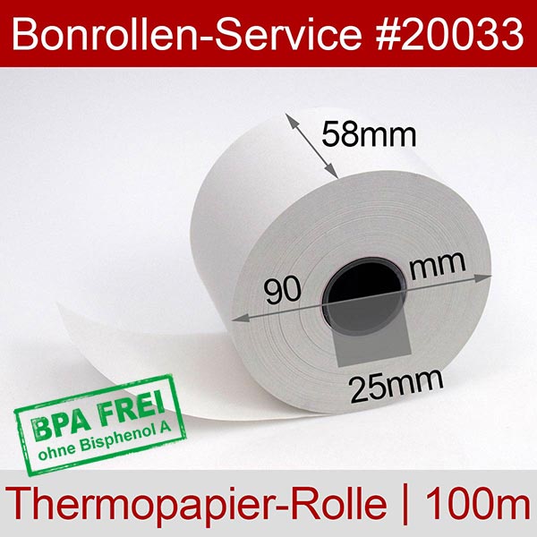 Detailansicht mit Rollenmaßen - Thermorollen / Automatenrollen 58/90/25 | weiß | BPA-frei für Custom MT558