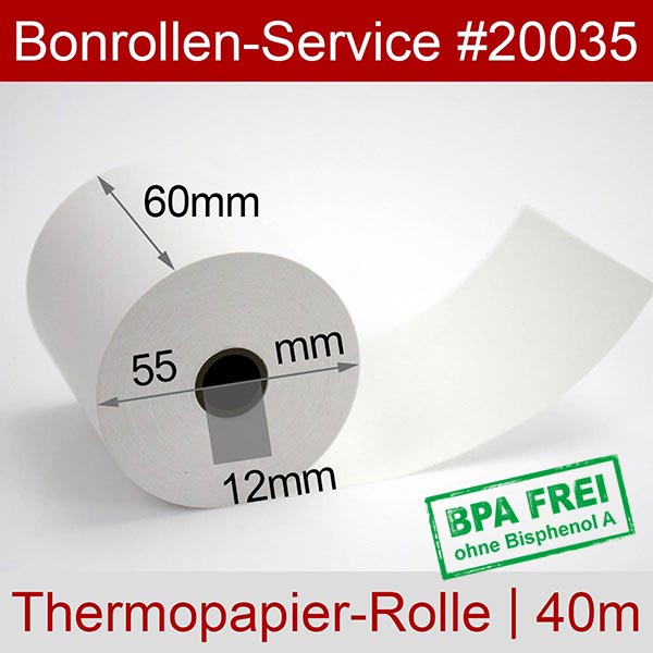 Detailansicht mit Rollenmaßen - Thermorollen / Kassenrollen 60/40m/12 | weiß | BPA-frei
 für Best-Technology eVolution 8000