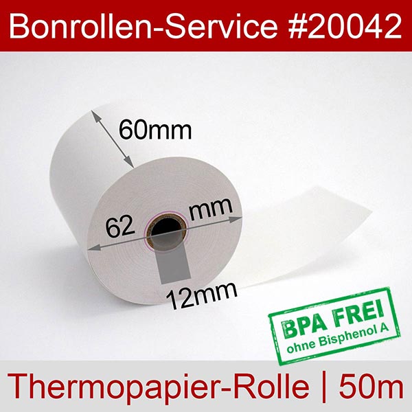 Detailansicht mit Rollenmaßen - Thermorollen / Kassenrollen 60/50m/12 | weiß | BPA-frei für Digi RM-5800 PROMO