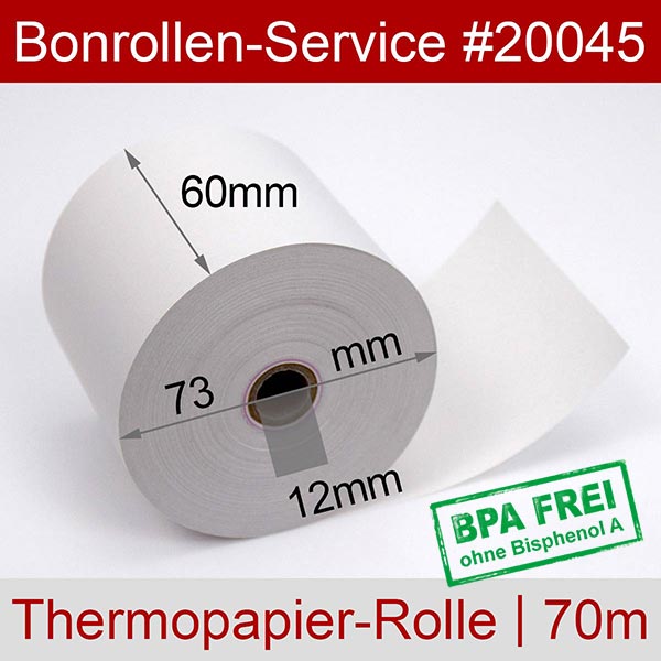 Detailansicht mit Rollenmaßen - Thermorollen / Kassenrollen 60/70m/12 | weiß | BPA-frei für Epson M-T522IIAP