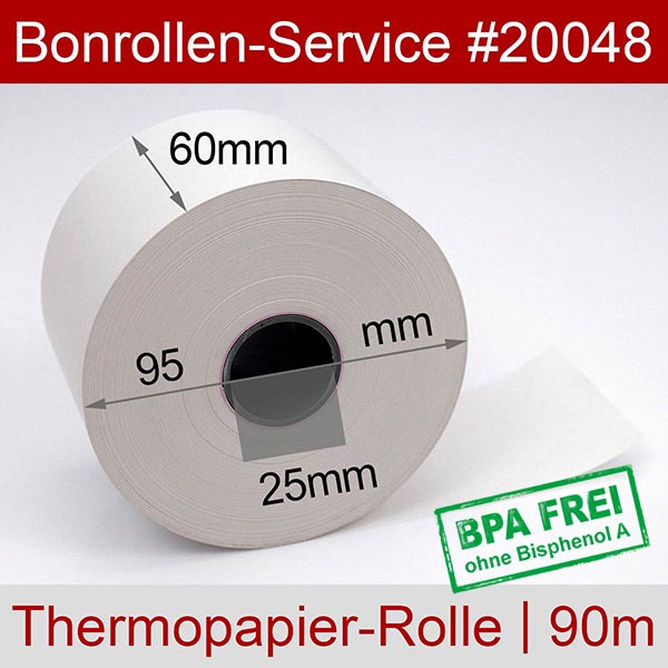 Detailansicht mit Rollenmaßen - Thermorollen / Automatenrollen 60/95m/25 | weiß | BPA-frei für Custom CM60