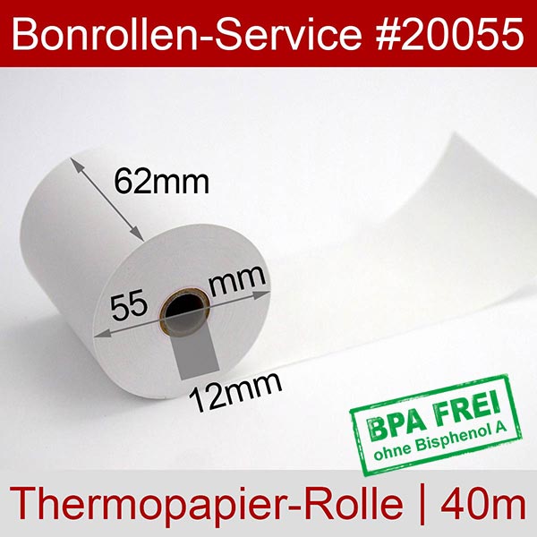 Detailansicht mit Rollenmaßen - Thermorollen / Waagenrollen 62/40m/12 | weiß | BPA-frei für Dataprocess Alexia