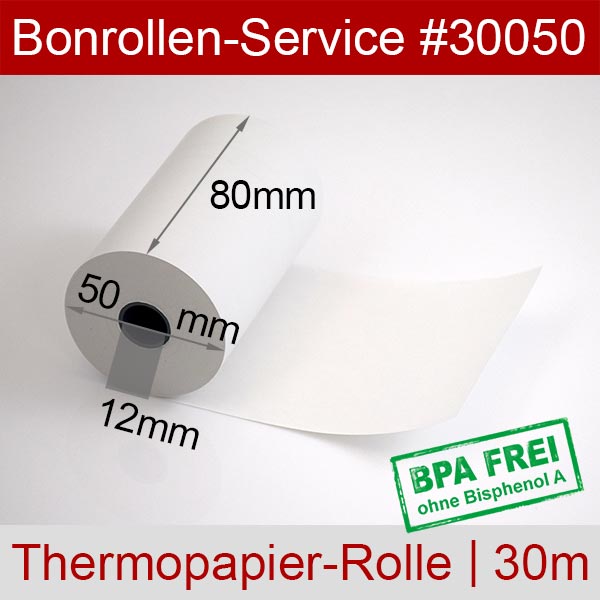 Detailansicht mit Rollenmaßen - Thermorollen / Kassenrollen 80/50/12 | weiß | BPA-frei für Bixolon SPP-R310WK/BEG