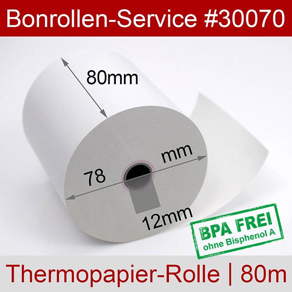 Detailansicht mit Rollenmaßen - Thermorollen 80/80m/12 zum Vorteilspreis | weiß | BPA-frei für Epson TM-H6000II