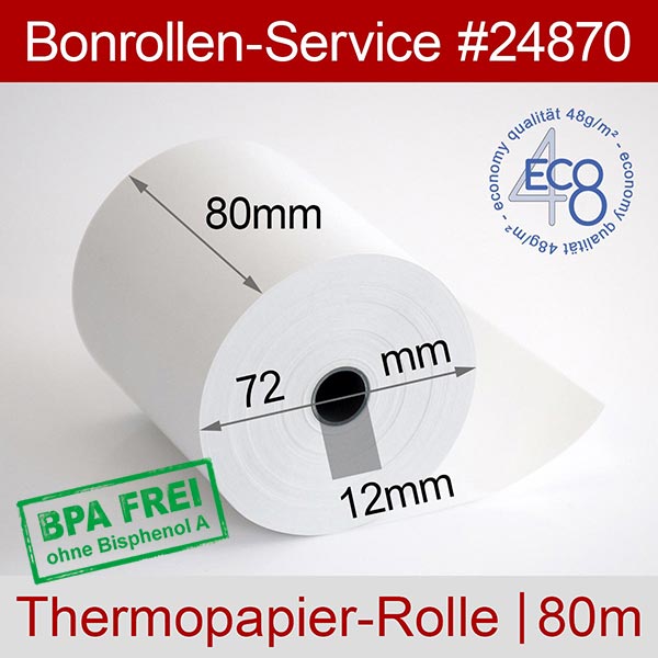 Detailansicht mit Rollenmaßen - Thermorollen - 48g-Thermopapier 80/80m/12 | weiß | BPA-frei für Axiohm AX 7193