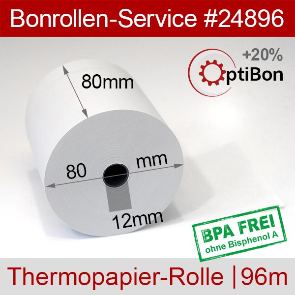 Detailansicht mit Rollenmaßen - OptiBon-Thermorollen 80/80/12 (96m) | weiß | BPA-frei für Bixolon BGT-100