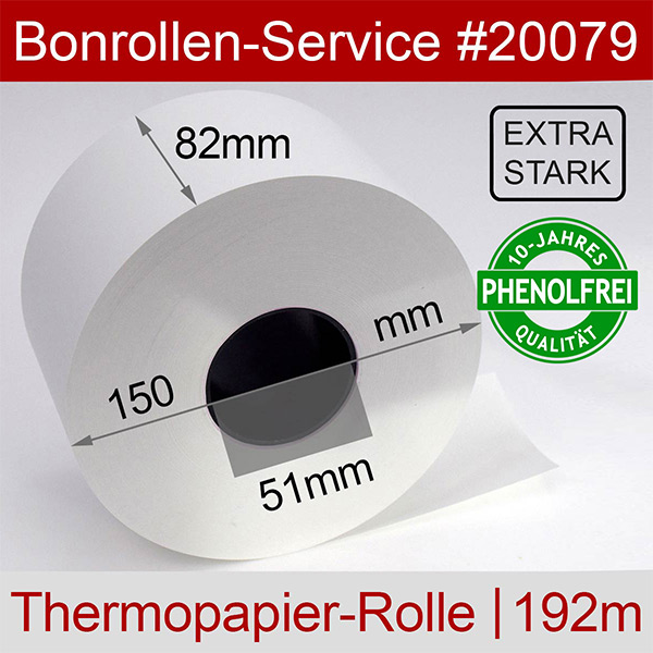 Detailansicht mit Rollenmaßen - Thermorollen / Kassenrollen 82/150/51 | weiß | phenolfrei für Aures J2 201