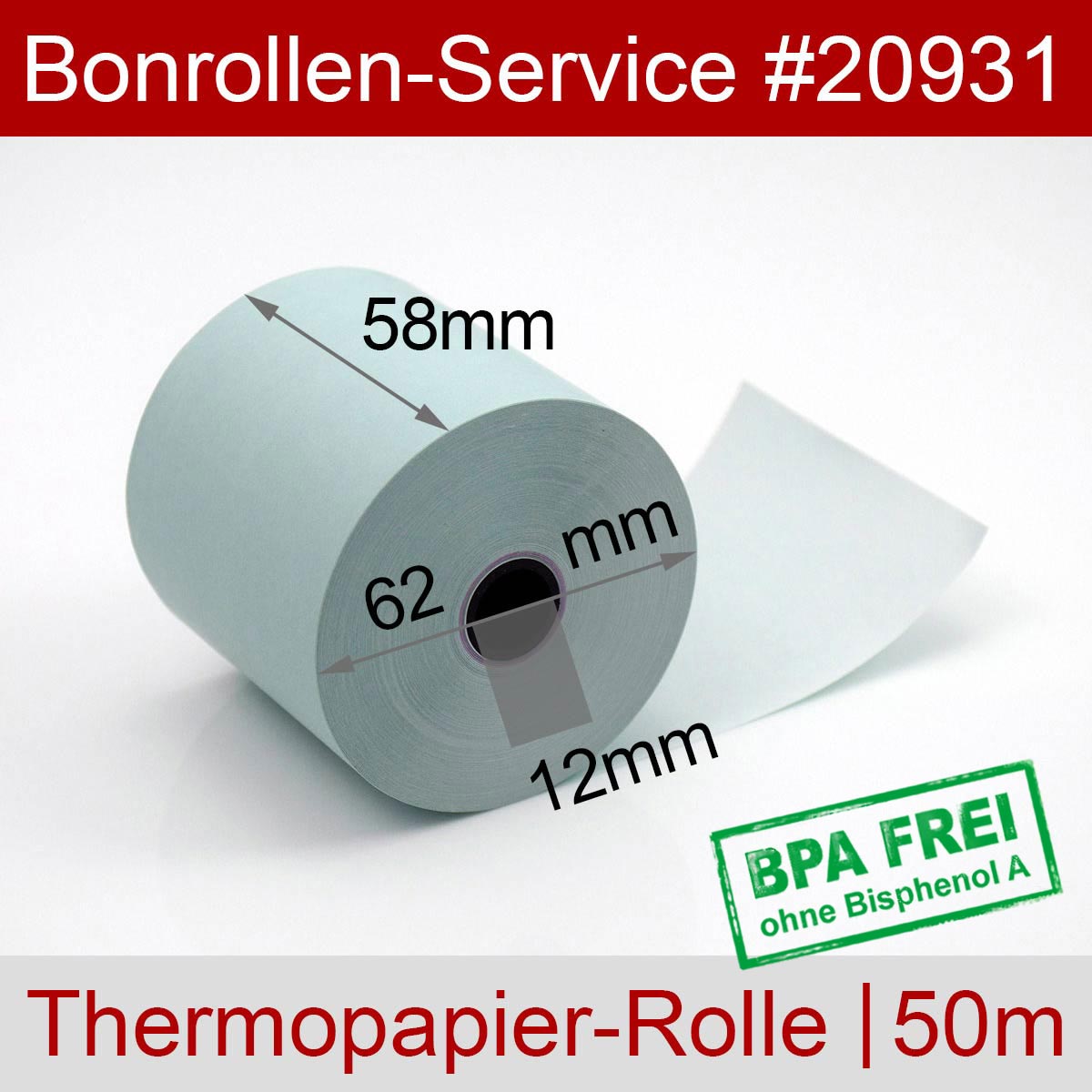 20 Stück Bonrollen Thermo 58mm x 50m x 12mm Kassenrollen für Registrierkassen/Waagen mit 58mm Bonbreite