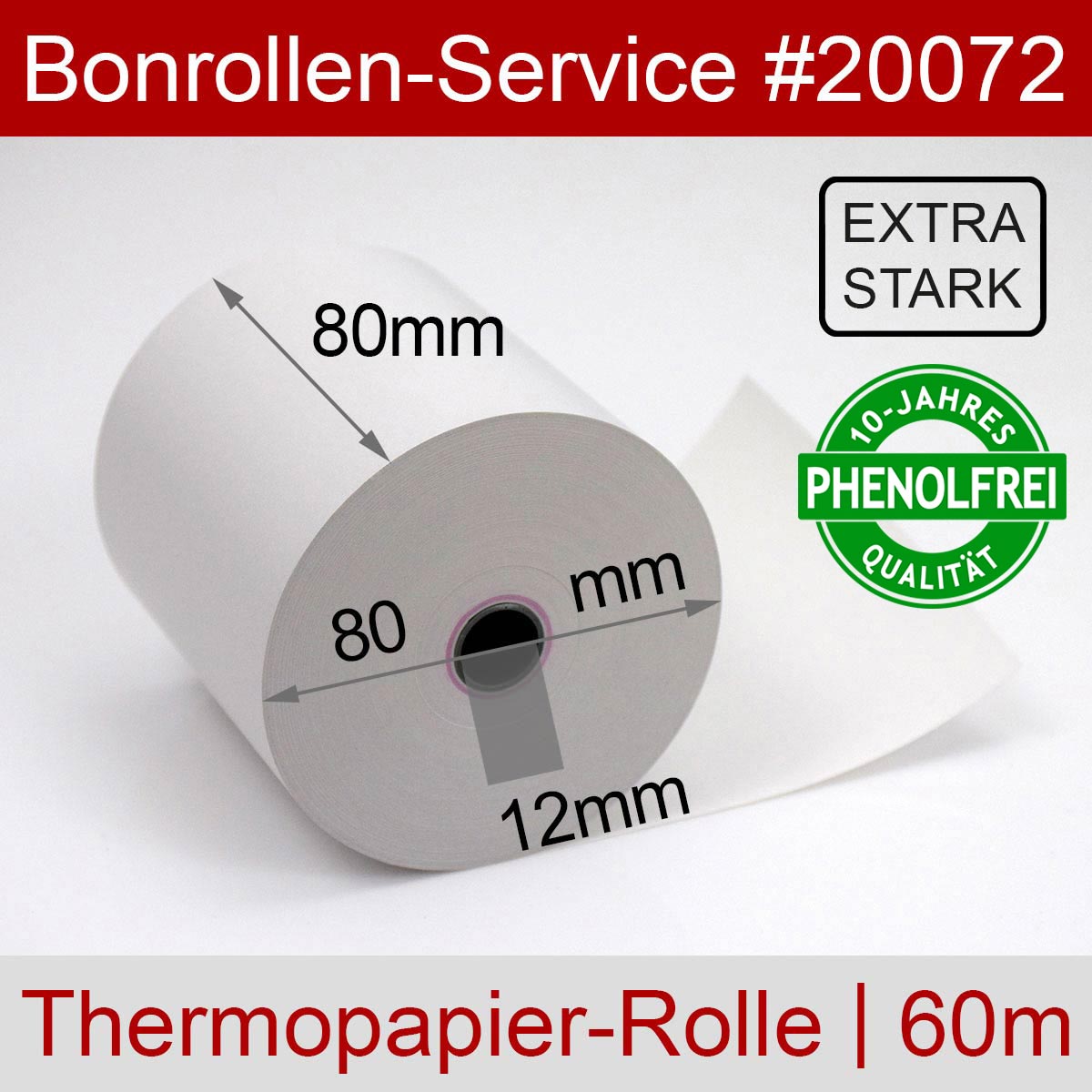 Phenolfreie Thermorollen 80 / 80 / 12 weiß mit extra-starkem Papier - Detailansicht