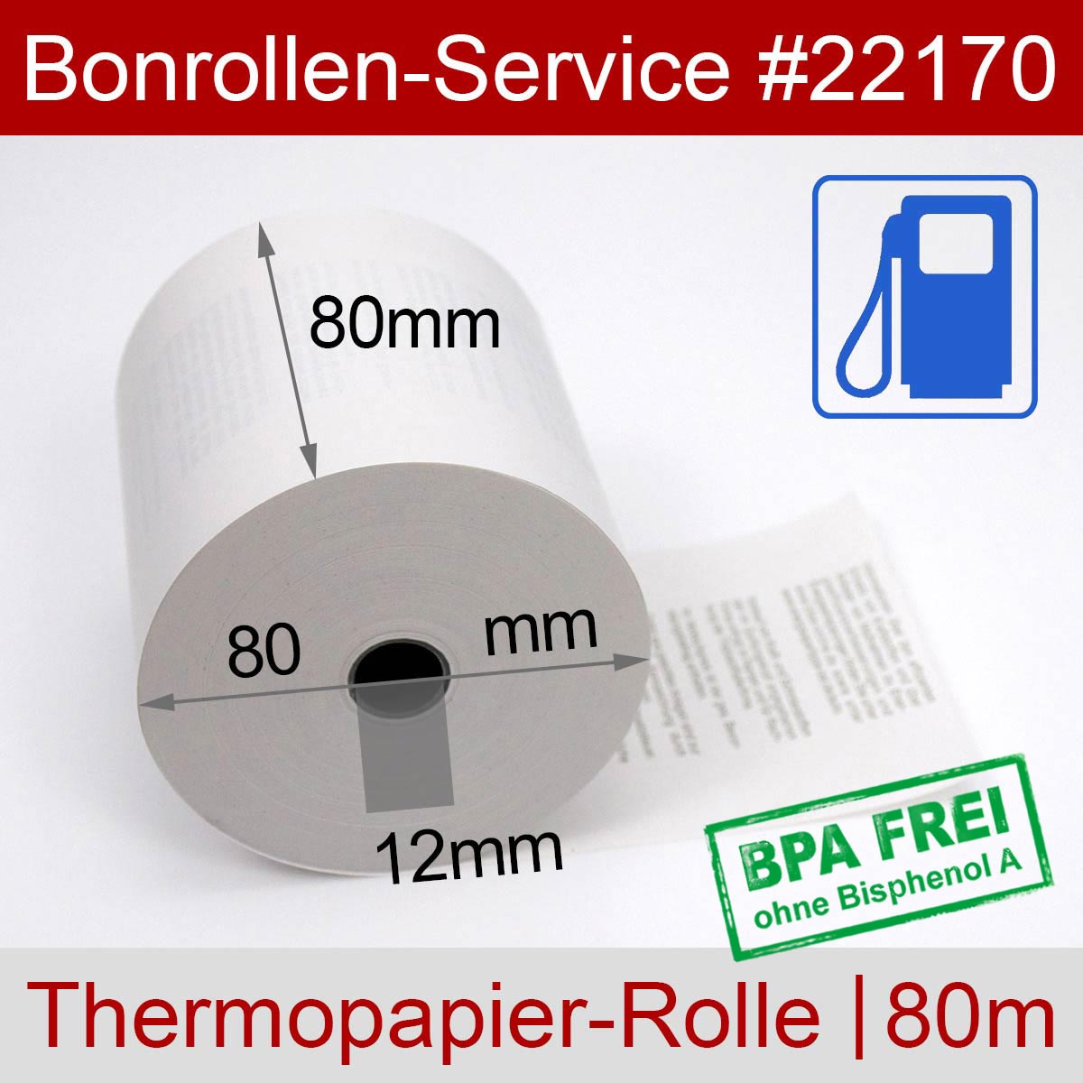 Tankstellenrollen BPA-frei 80 / 80m / 12 weiß, Thermopapier - Detailansicht