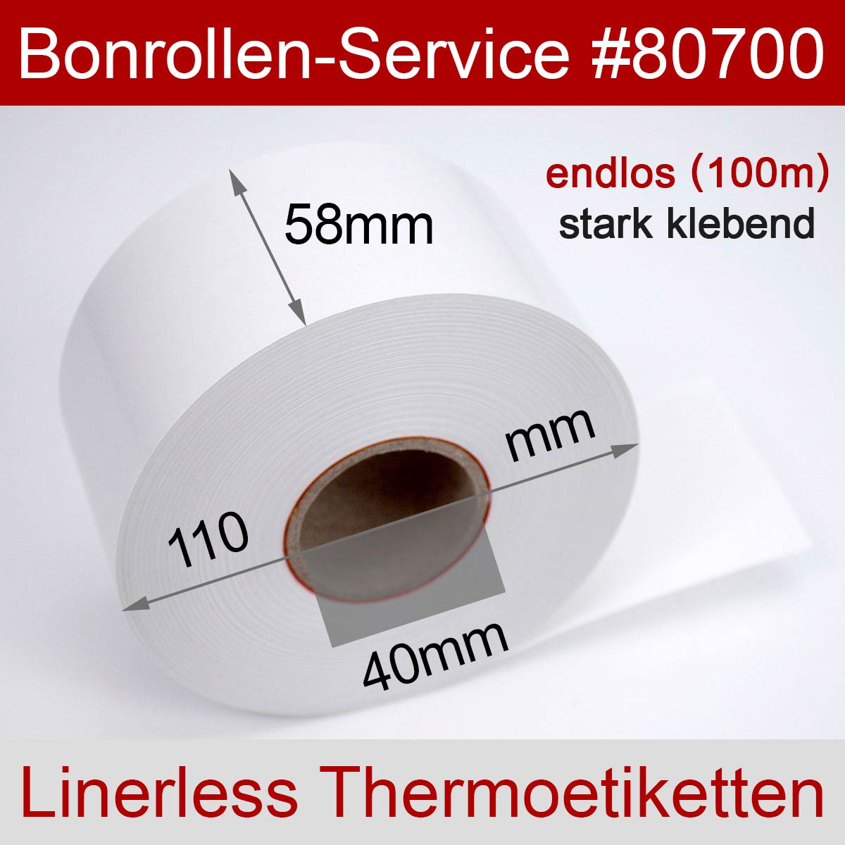 Linerless Thermoetiketten-Rollen 58 100m 40, stark klebend - Detailansicht