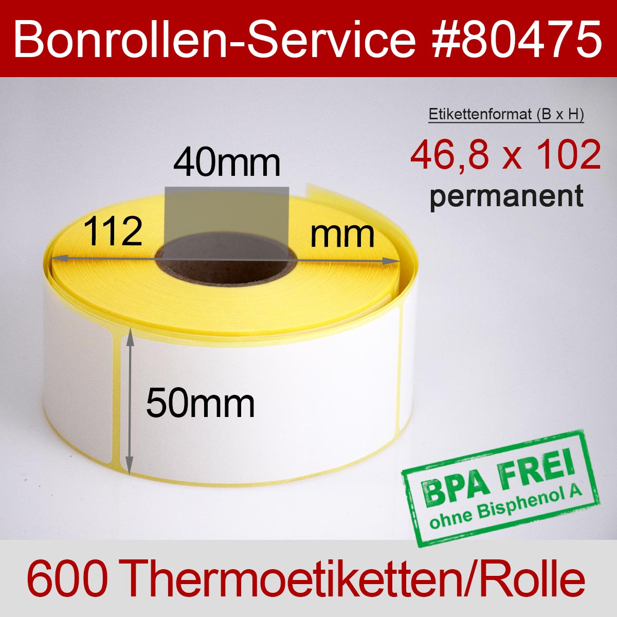 Thermo-Etikettenrollen BPA-frei 46,8mm x 102mm für Avery Berkel, permanent - Detailansicht