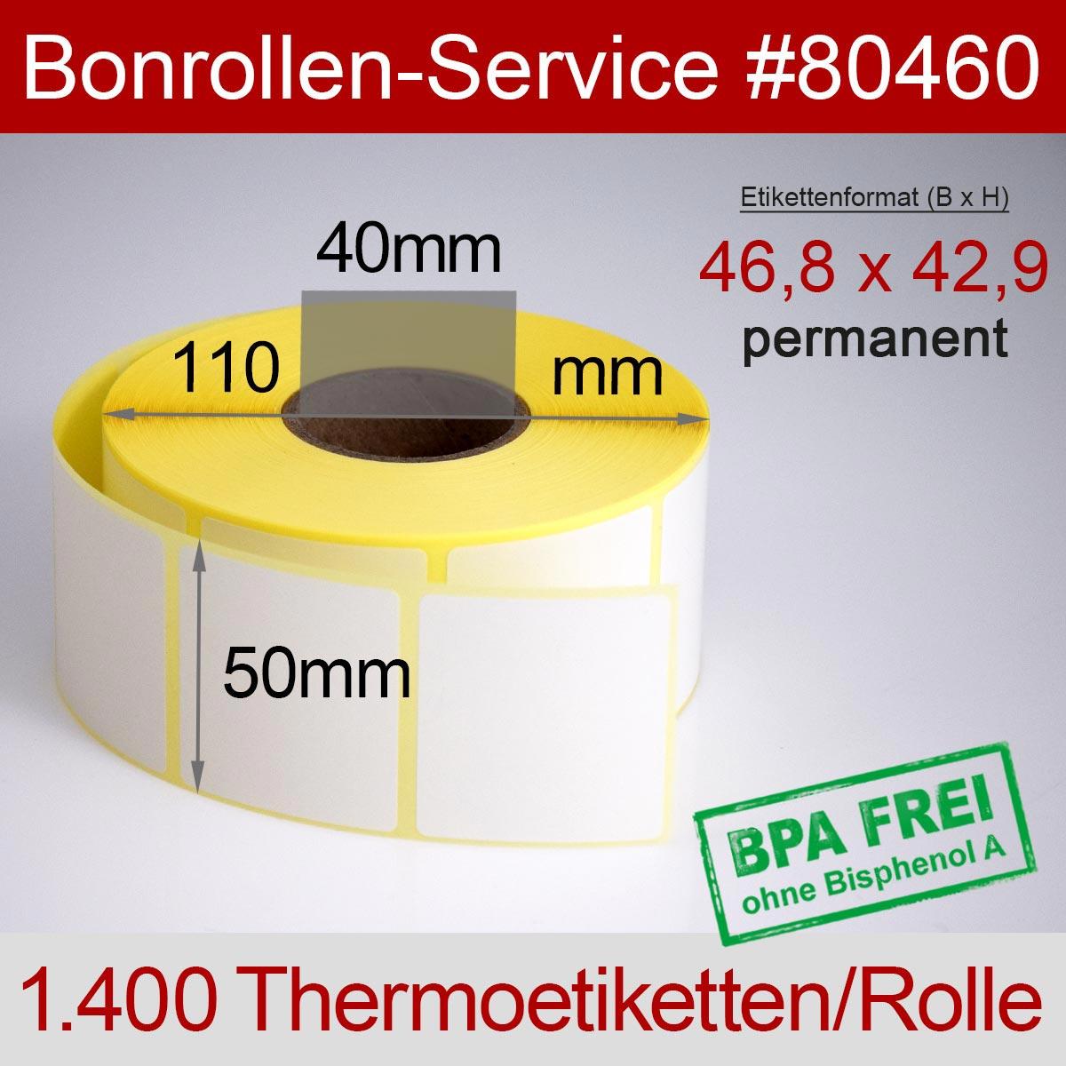 Thermo-Etikettenrollen BPA-frei 46,8mm x 42,9mm für Avery Berkel, permanent - Detailansicht