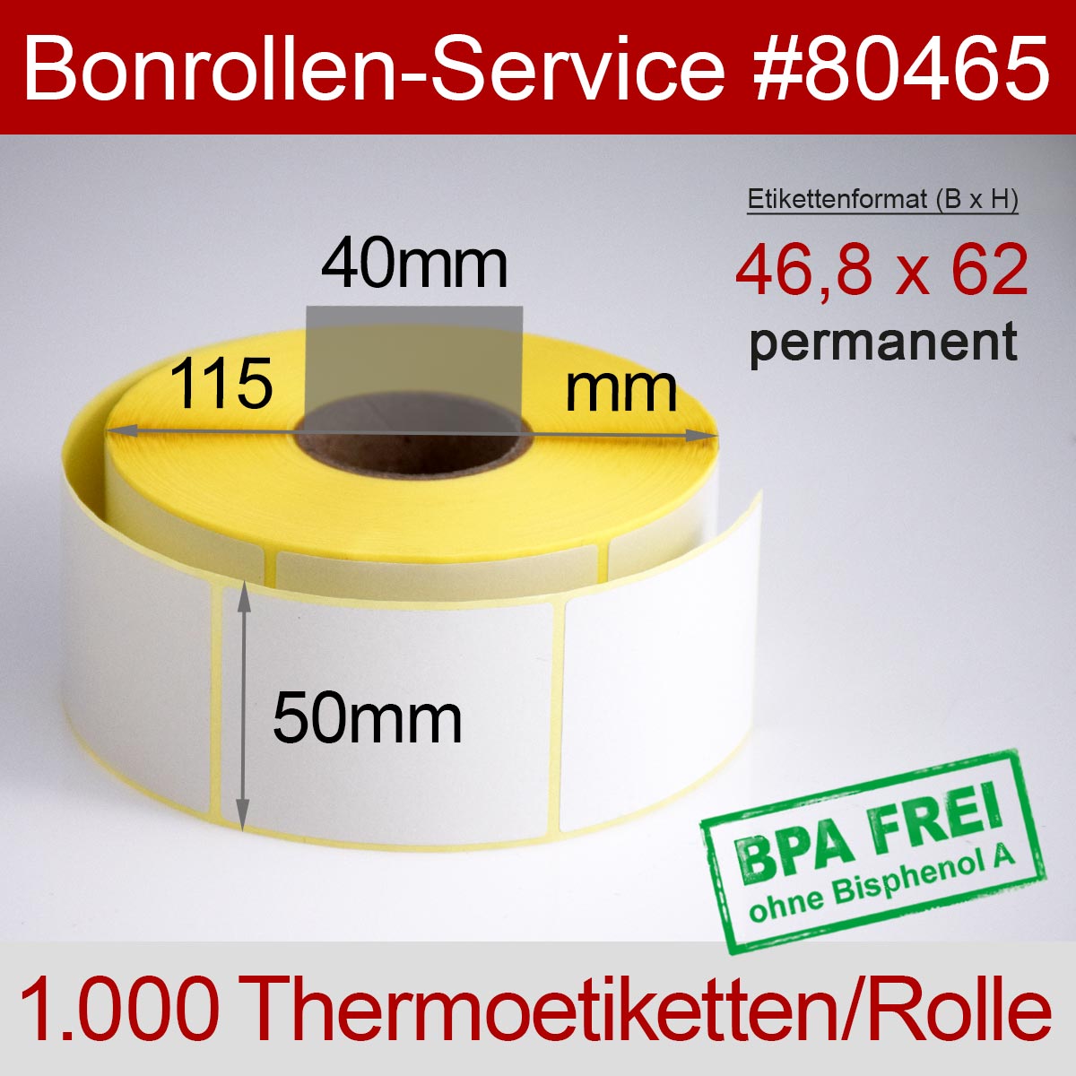 Thermo-Etikettenrollen BPA-frei 46,8mm x 62mm für Avery Berkel, permanent - Detailansicht