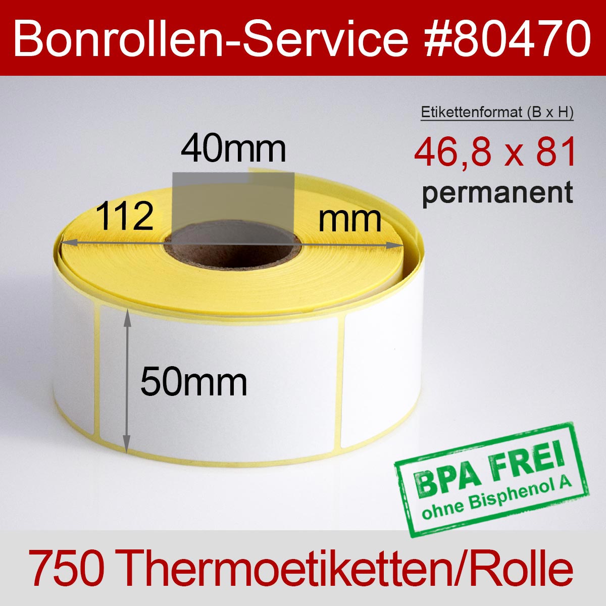 Thermo-Etikettenrollen BPA-frei 46,8mm x 81mm für Avery Berkel, permanent - Detailansicht