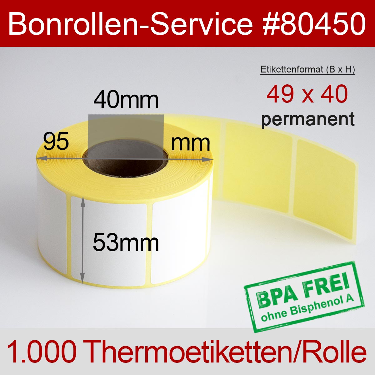 Thermo-Etikettenrollen BPA-frei 49mm x 40mm für Avery Berkel, permanent - Detailansicht