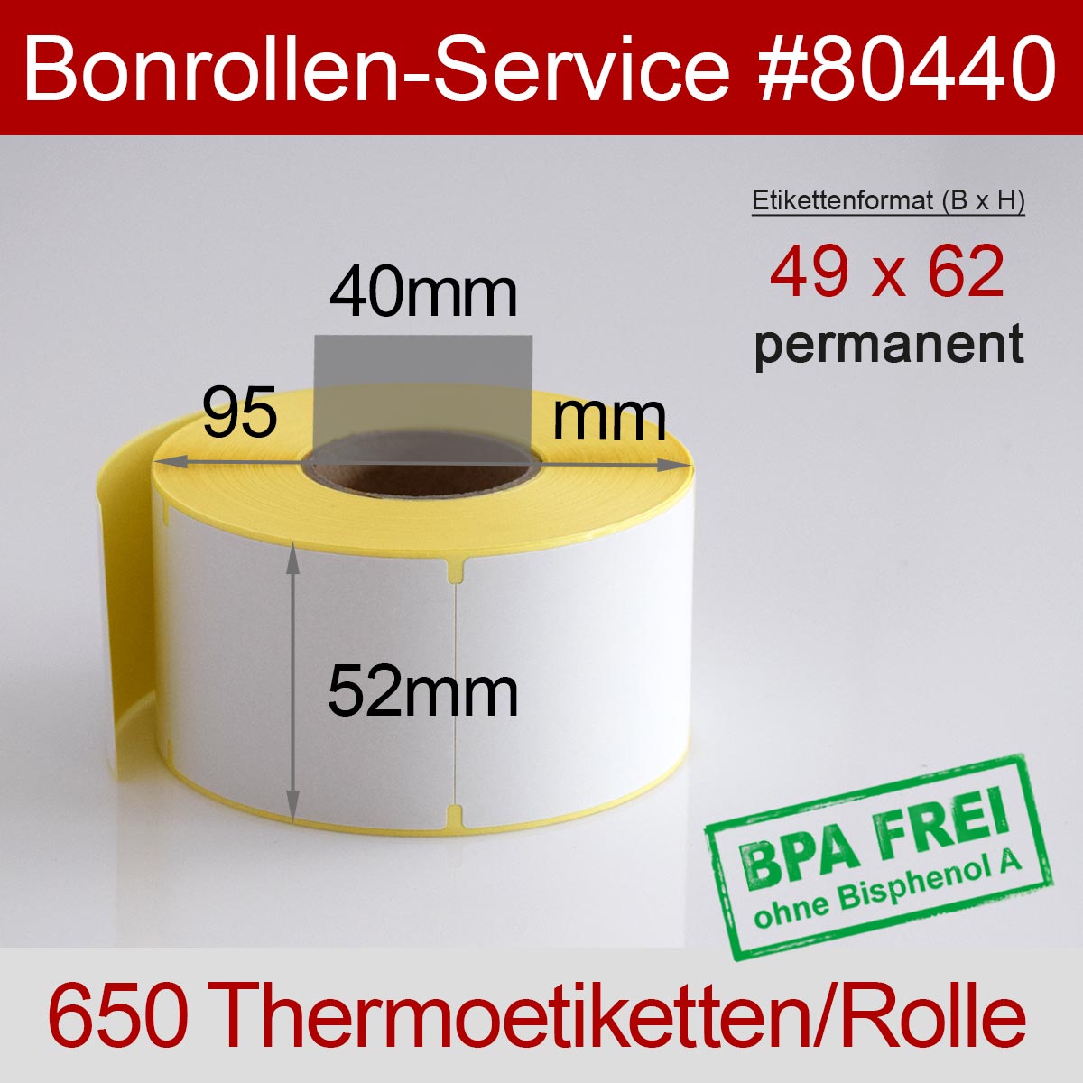 Thermo-Etikettenrollen BPA-frei 49mm x 62mm für Avery Berkel, permanent - Detailansicht