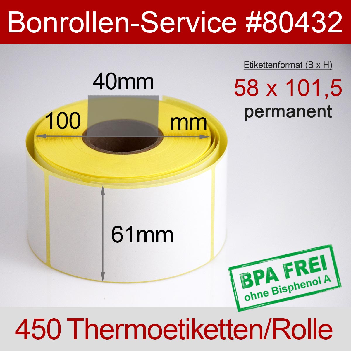 Thermo-Etikettenrollen BPA-frei 58mm x 101,5mm für Bizerba, permanent - Detailansicht