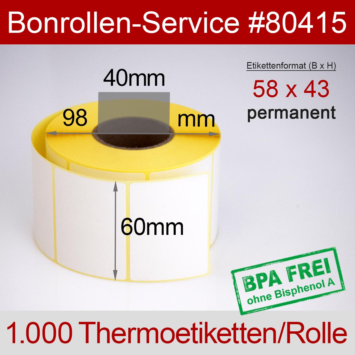 Thermo-Etikettenrollen BPA-frei 58mm x 43mm für Bizerba, permanent - Detailansicht