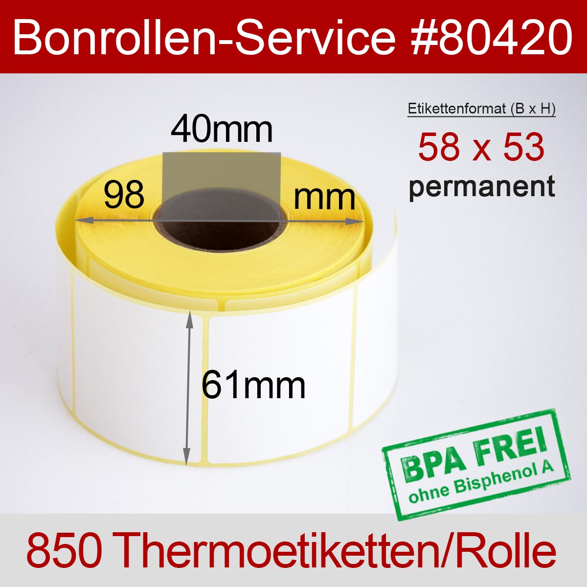 Thermo-Etikettenrollen BPA-frei 58mm x 53mm für Bizerba, permanent - Detailansicht