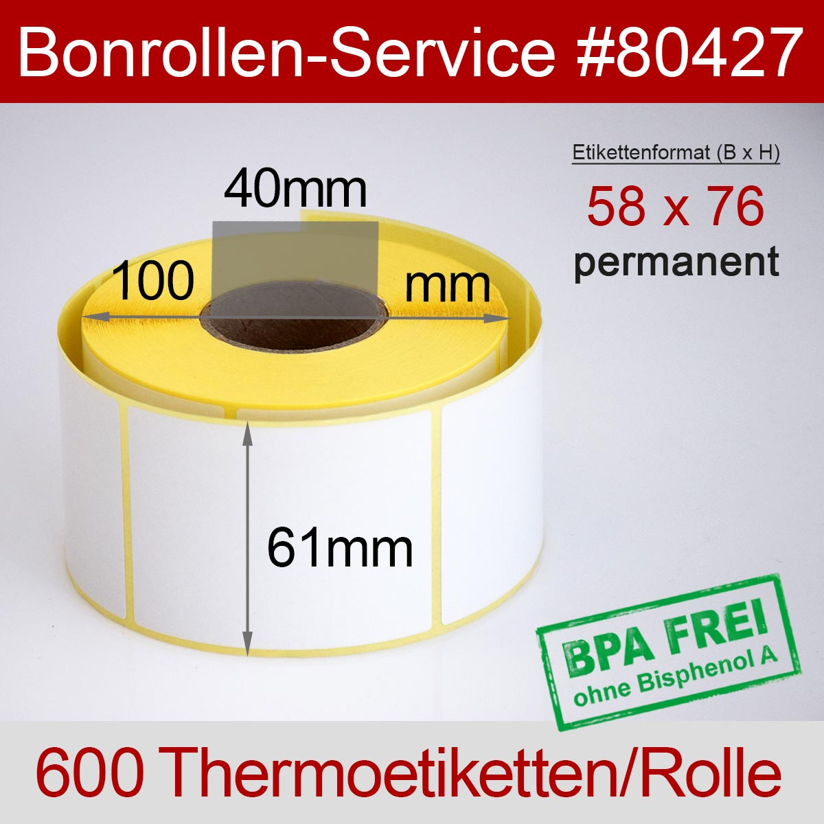 Thermo-Etikettenrollen BPA-frei 58mm x 76mm für Bizerba, permanent - Detailansicht