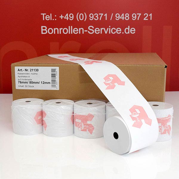 Produktfoto - Apothekenrollen mit Aufdruck | weiß | 76/80/12 für Epson TM-J 2100