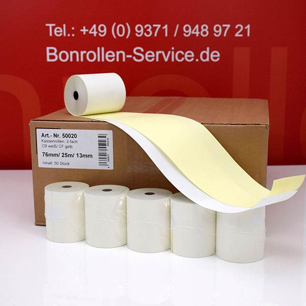 Produktfoto - Durchschlagpapierrollen, cb/cf | weiß/gelb | 76/25m/13,3 für Bixolon SRP-280
