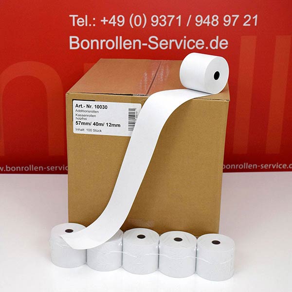 Produktfoto - Bonrollen / Kassenrollen - Normalpapier | weiß | 57/40m/12 für Olympia CPD 512 ER