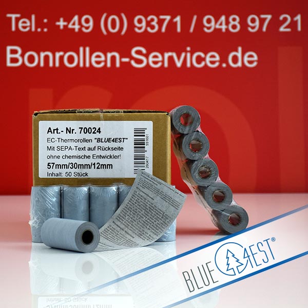 Produktfoto - Öko-EC-Rollen 57/10m/12 mit SEPA-Text | blau | Blue4est® für Custom MY PRINTER BT