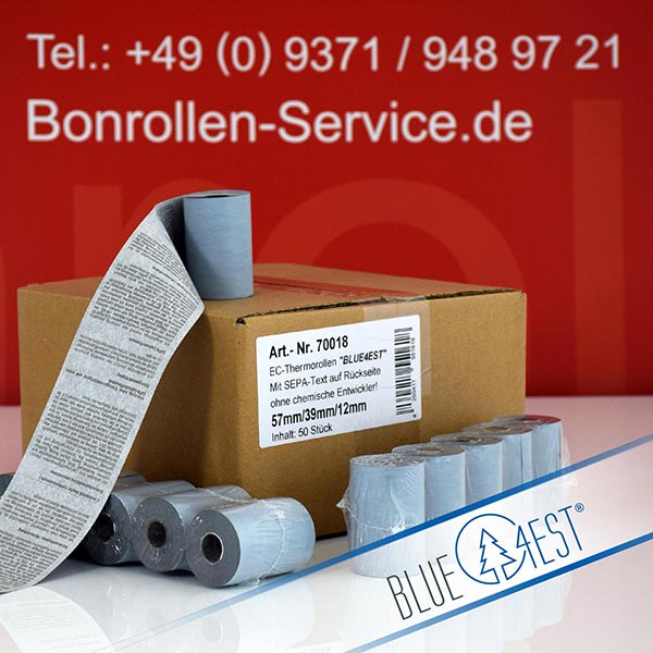 Produktfoto - Öko-EC-Rollen 57/18m/12 mit SEPA-Text | blau | Blue4est® für Verifone Trinity T650p