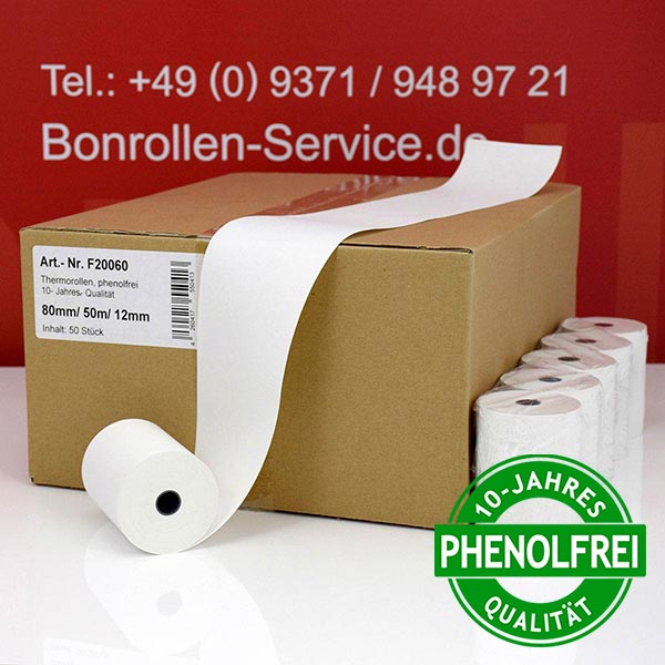 Produktfoto - Thermorollen / Kassenrollen 80/50m/12 | weiß | phenolfrei für Bematech MP-2100 TH FI