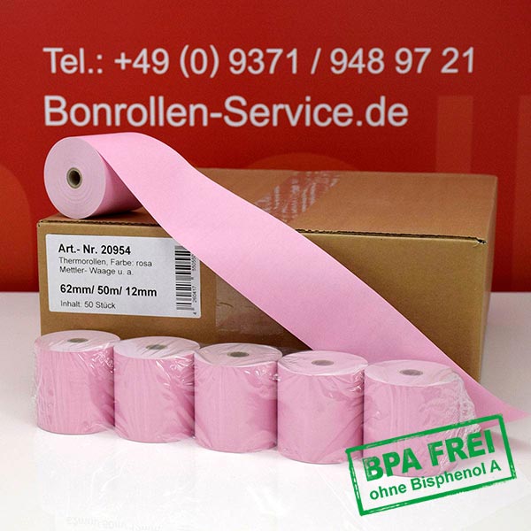 Produktfoto - Thermorollen / Kassenrollen 62/50m/12 | rosa | BPA-frei für Mettler-Toledo bPlus