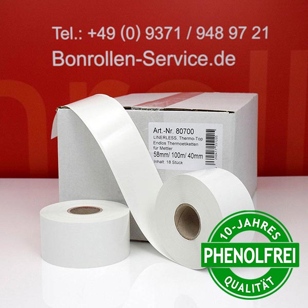 Produktfoto - Linerless-Etiketten 58 mm x 100 m > phenolfrei, stark klebend für Mettler-Toledo bPlus-H2