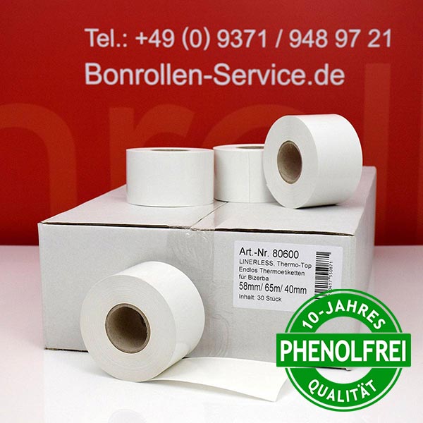 Produktfoto - Linerless-Etiketten 58 mm x 65 m > phenolfrei, stark klebend für Bizerba XC 800 10“