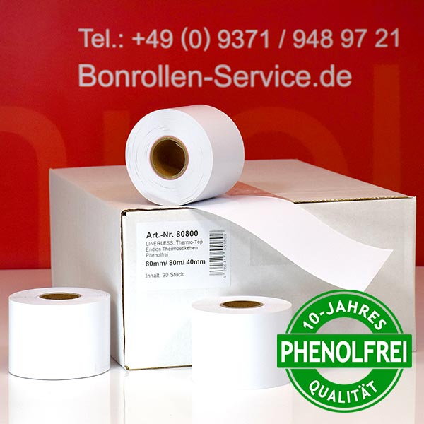 Produktfoto - Linerless-Etiketten 80 mm x 80 m > phenolfrei, stark klebend für Toshiba-TEC BV420D-GL