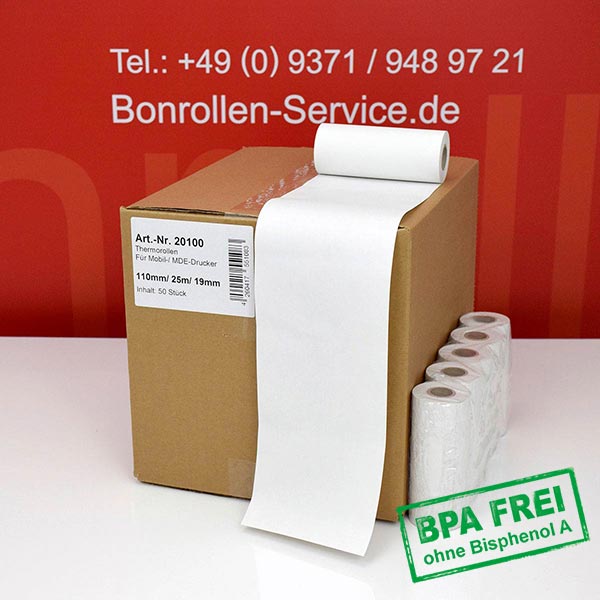 Produktfoto - Thermorollen / Kassenrollen 110/25m/19 | weiß | BPA-frei für Honeywell RP4B