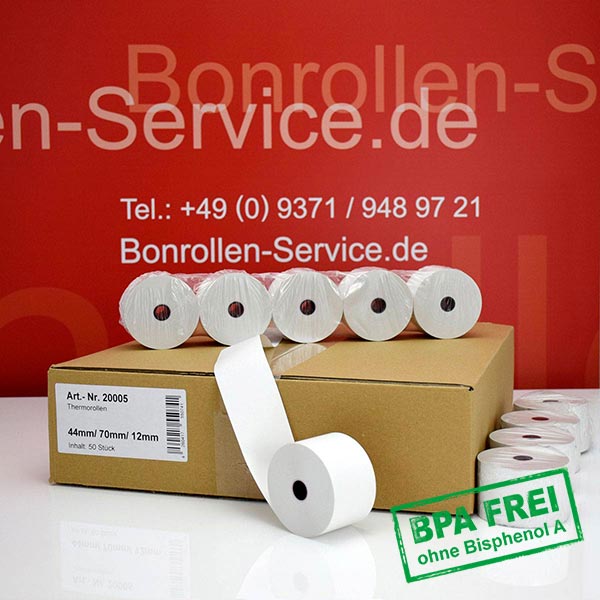 Produktfoto - Thermorollen / Kassenrollen 44/70/12 | weiß | BPA-frei für Sharp ER-A410