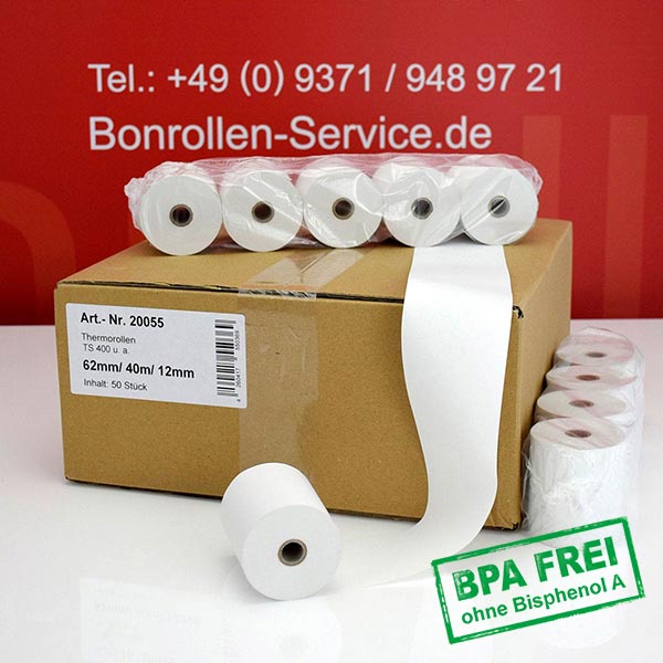 Produktfoto - Thermorollen / Waagenrollen 62/40m/12 | weiß | BPA-frei für SKS TS 400