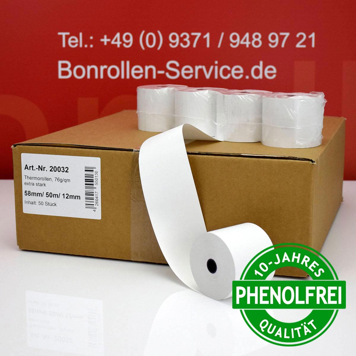 Thermorollen phenolfrei 58 / 50m / 12 weiß, mit extra-starkem Papier