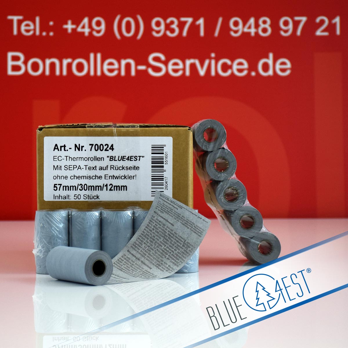 Umweltfreundliche EC-Thermorollen Blue4est 57 / 10m / 12 mit SEPA-Text, blau