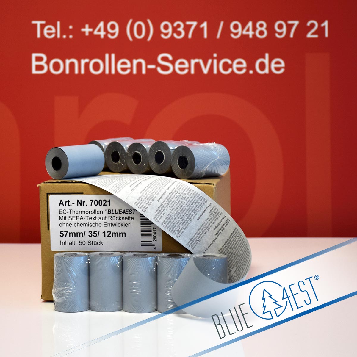 Umweltfreundliche EC-Thermorollen Blue4est 57 / 14m / 12 mit SEPA-Text, blau