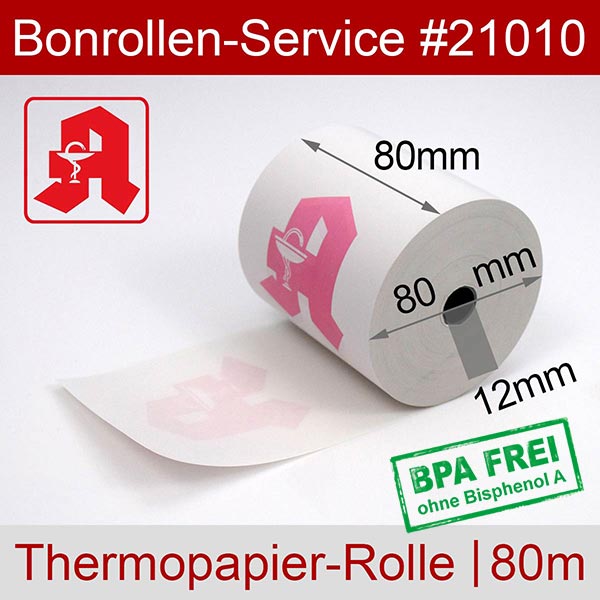 Kassenrollen für Apotheken 70/80/12 62 Meter 70mm x 80mm x 12mm 70/62m/12 