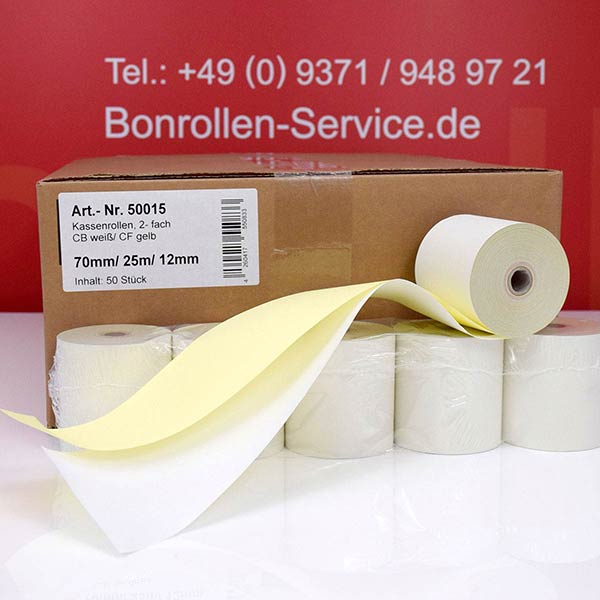 Kassenrollen (Normalpapier) 70 25m 12 - doppellagig, weiß/gelb (cb/cf), holzfrei