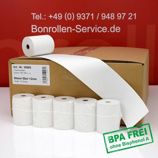 Thermopapier Bonrolle 80mm 48g/m² HKR-Welt® Rollen 80m lang 30 Kassenrollen Thermo 80 mm x 80 m x 12 mm 30 Stück