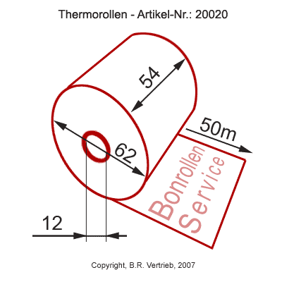 Detailansicht mit Rollenmaßen - Thermorollen / Kassenrollen 54/50m/12 | weiß | BPA-frei für CAS CT100 CT-30P