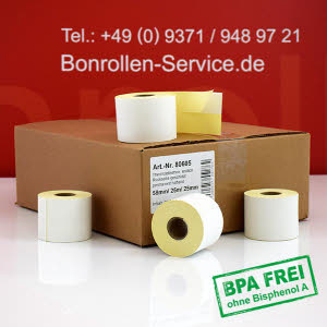 Thermo-Etikettenrollen 58 mm x 25 m - endlos, BPA-frei, permanent klebend