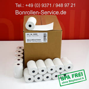 Thermorollen / Kassenrollen 80/50/12 - weiß, BPA-frei, außenbeschichtet