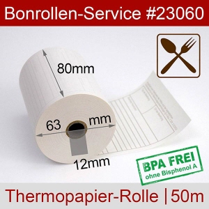 Thermobonrollen 80 50m 12 (mit Bewirtungstext) - weiß, BPA-frei, außenbeschichtet