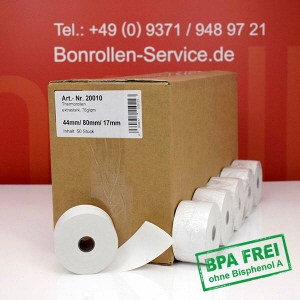 Thermorollen / Kassenrollen 44/80/17,5 (extra-starkes Papier) - weiß, BPA-frei, außenbeschichtet